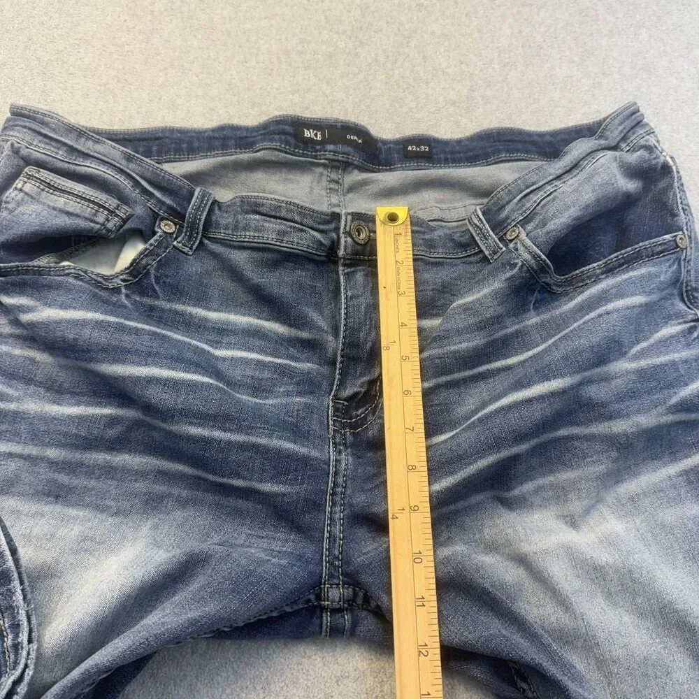 BKE Jeans Men's 42x32 Blue Straight Leg Whiskered Distressed Bootcut Relaxed